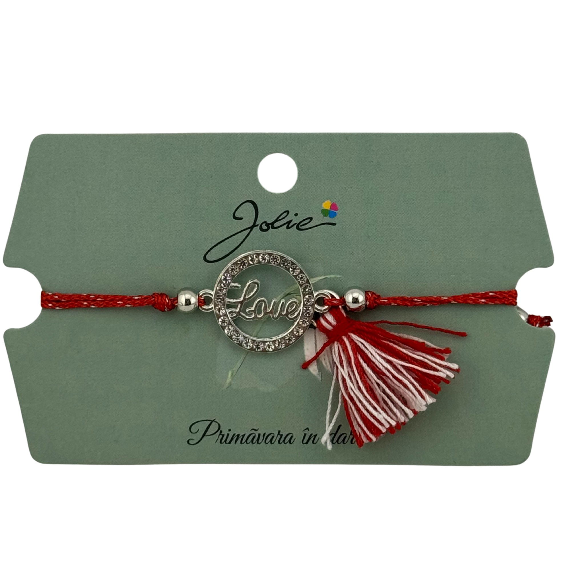 Martisor Bratara Ciucure, Jolie, Snur Rosu Reglabil, cu Pandantiv, Model Cerc Love [2]