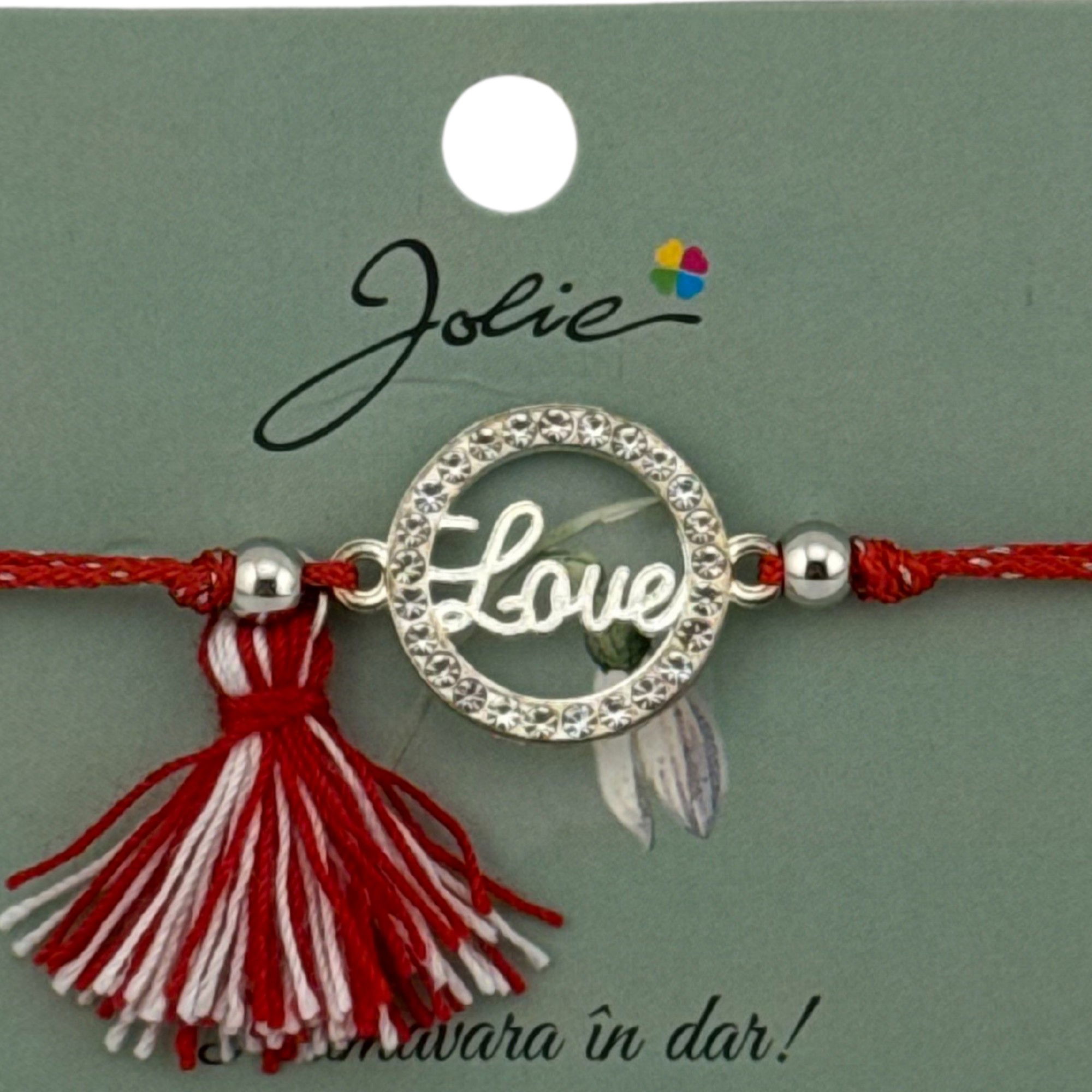 Martisor Bratara Ciucure, Jolie, Snur Rosu Reglabil, cu Pandantiv, Model Cerc Love [3]