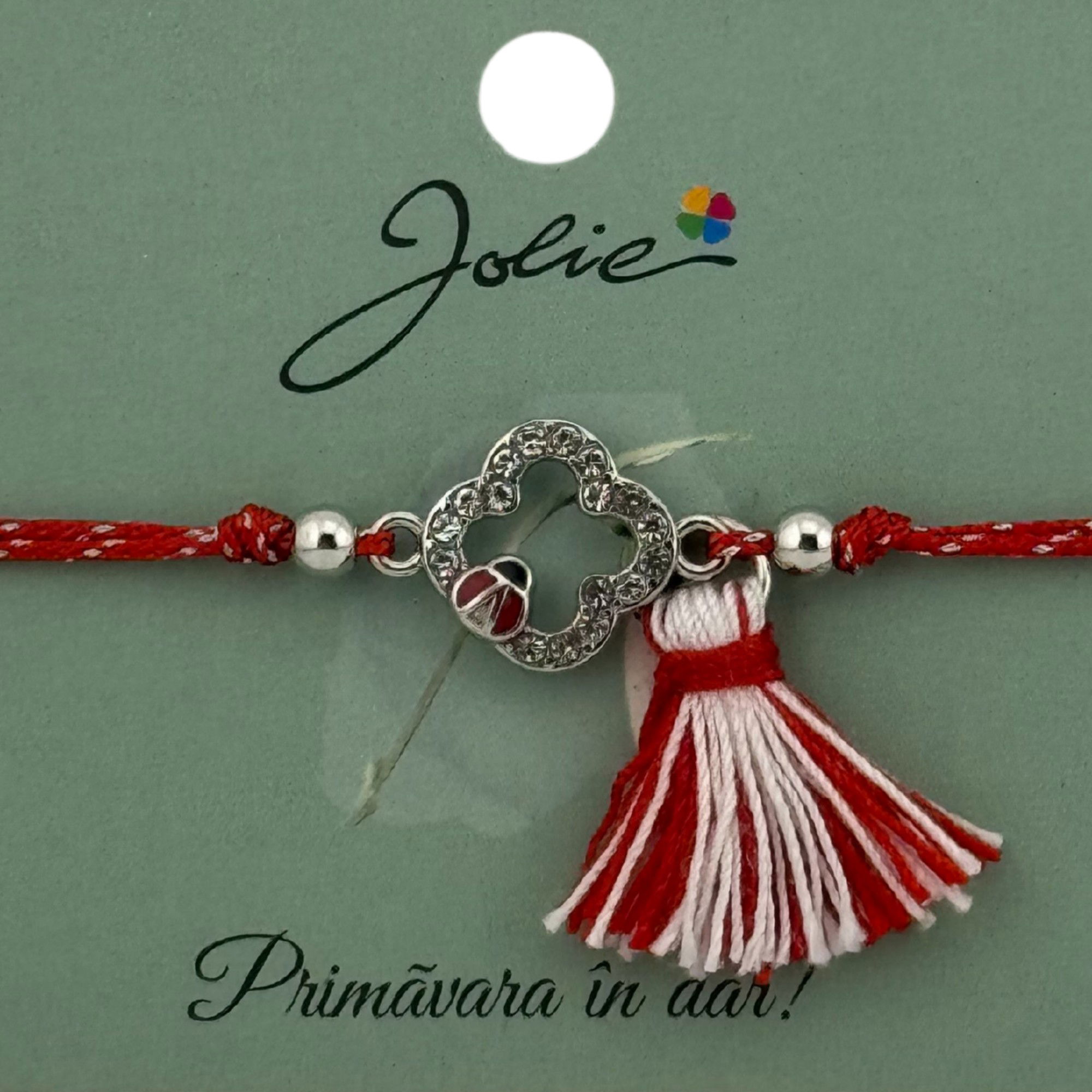 Martisor Bratara Ciucure, Jolie, Snur Rosu Reglabil, cu Pandantiv, Model Floare-Buburuza [3]