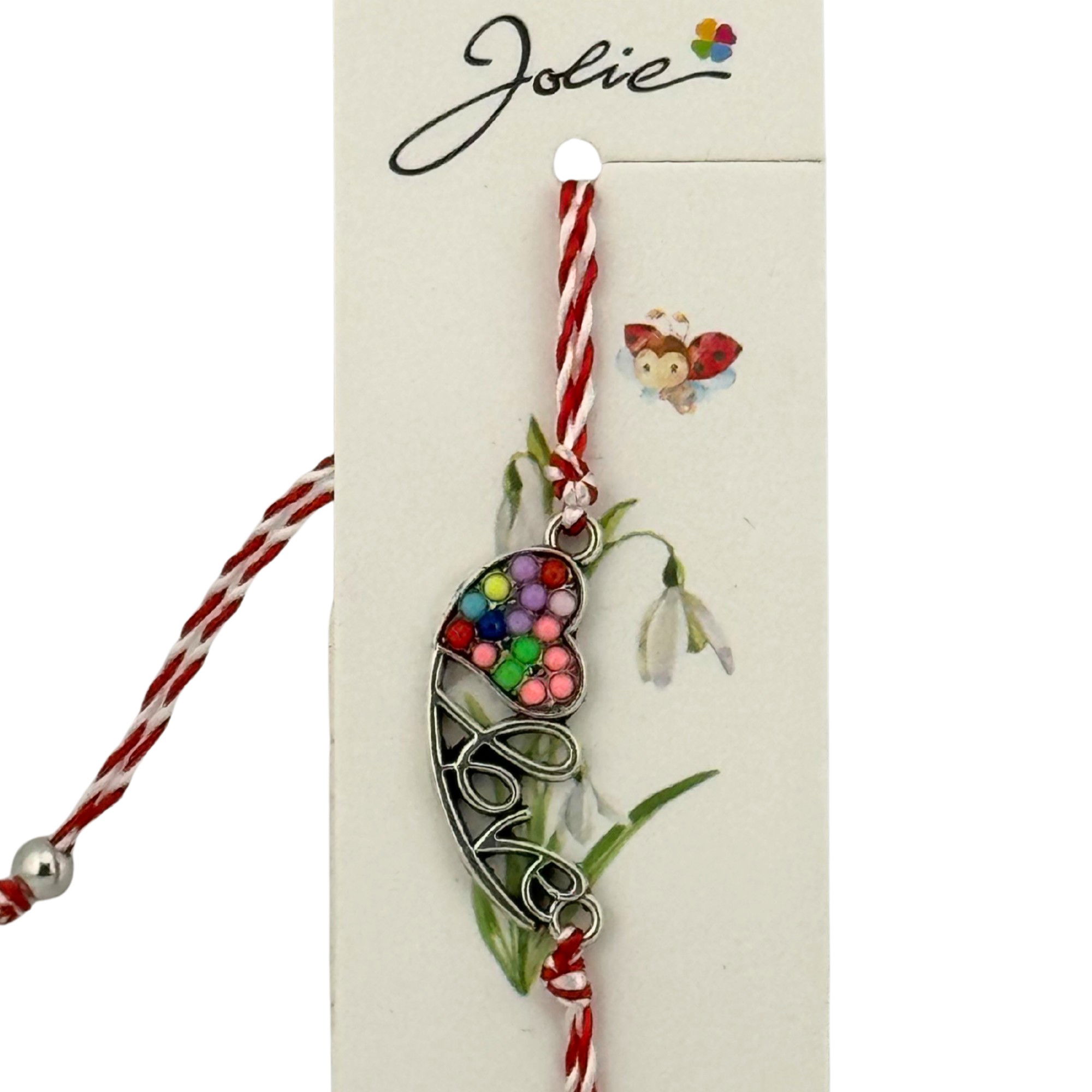 Martisor Bratara Snur Alb-Rosu, Jolie, Pandantiv Metalic, Model Inima Love [3]