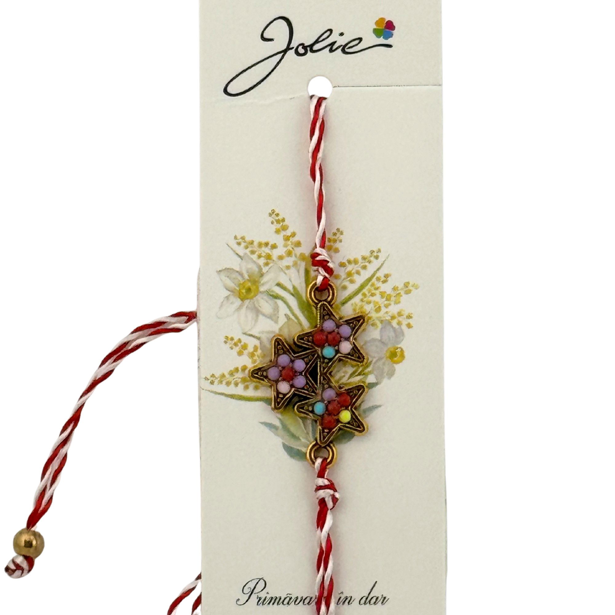 Martisor Bratara Snur Alb-Rosu, Jolie, Pandantiv Metalic, Model Stelute Colorate [3]