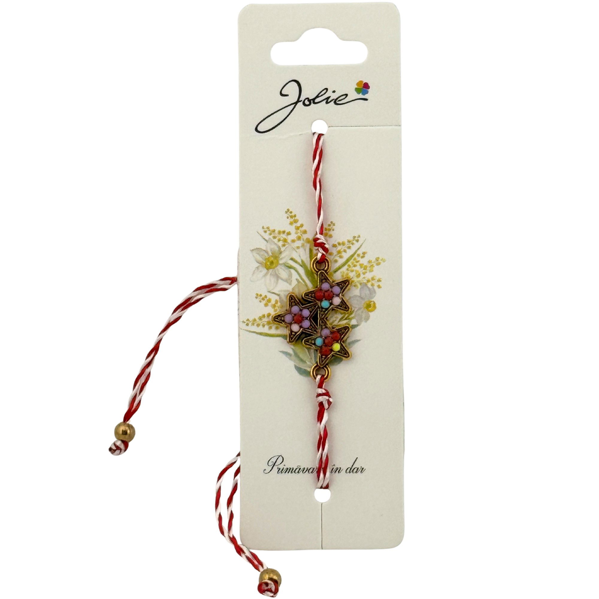 Martisor Bratara Snur Alb-Rosu, Jolie, Pandantiv Metalic, Model Stelute Colorate [1]