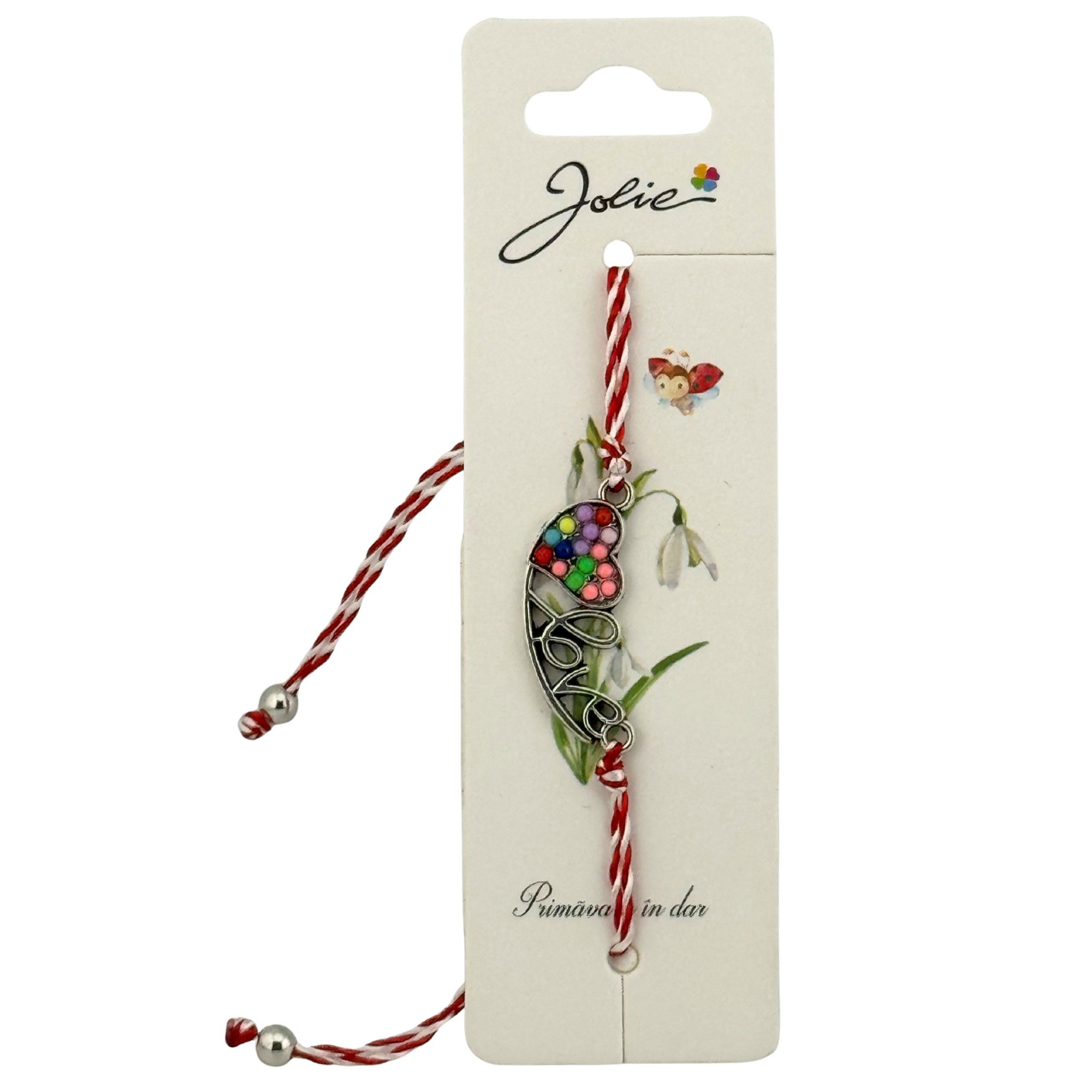 Martisor Bratara Snur Alb-Rosu, Jolie, Pandantiv Metalic, Model Inima Love [1]