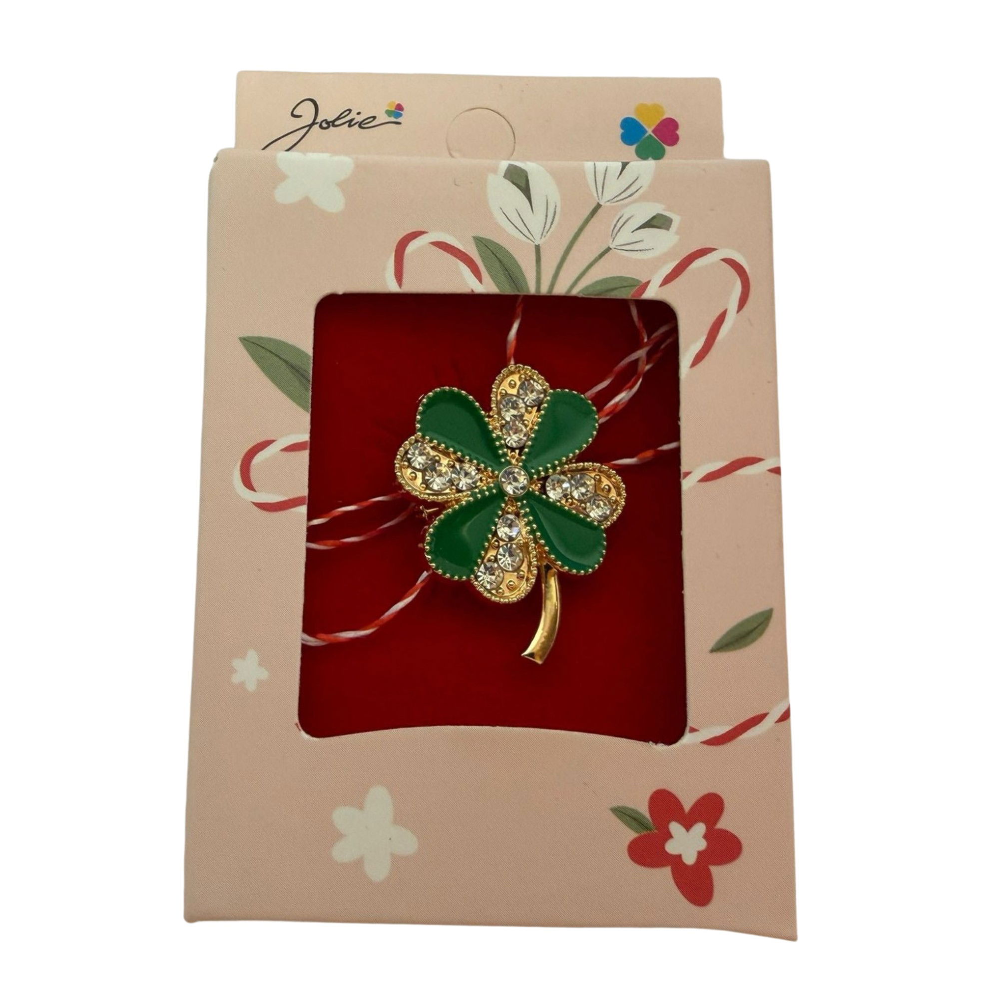 Martisor Brosa Mica in Cutie, Jolie, Dimensiune Brosa 2.5-3cm, Material Metal, Model Trifoi cu Patru Foi, Cutie Roz [2]