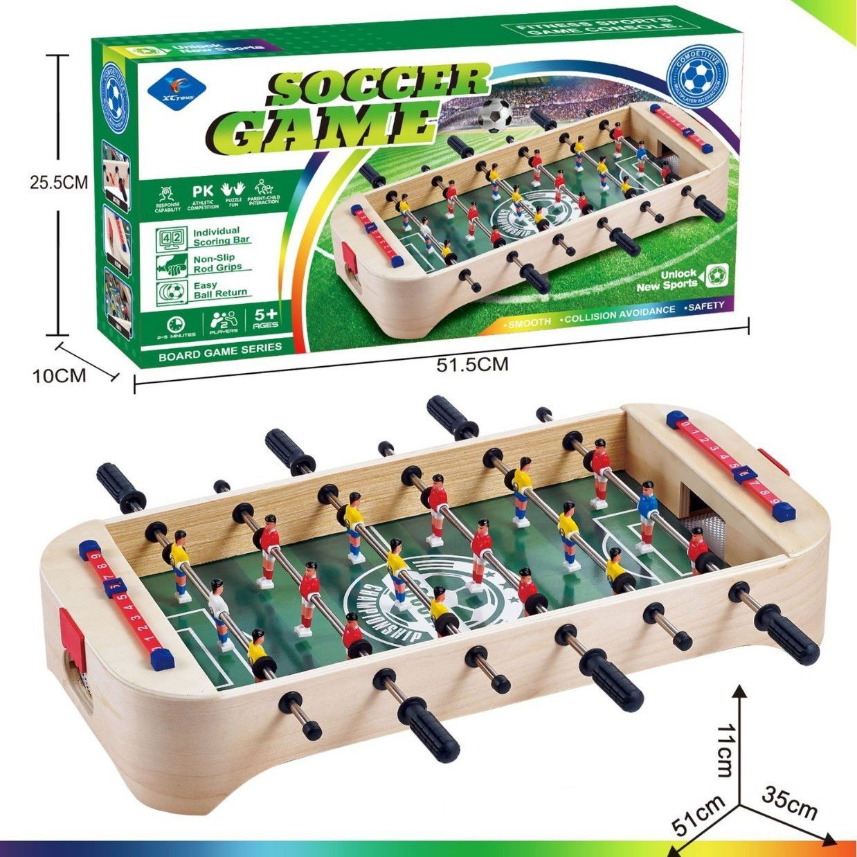 Masa de Fotbal cu Teren, Flippy, fara Picioare, 6 Manere, Tablou de Scor, 51.5 x 10 x 25.5 cm, din Lemn/Otel, Crem/Verde [3]