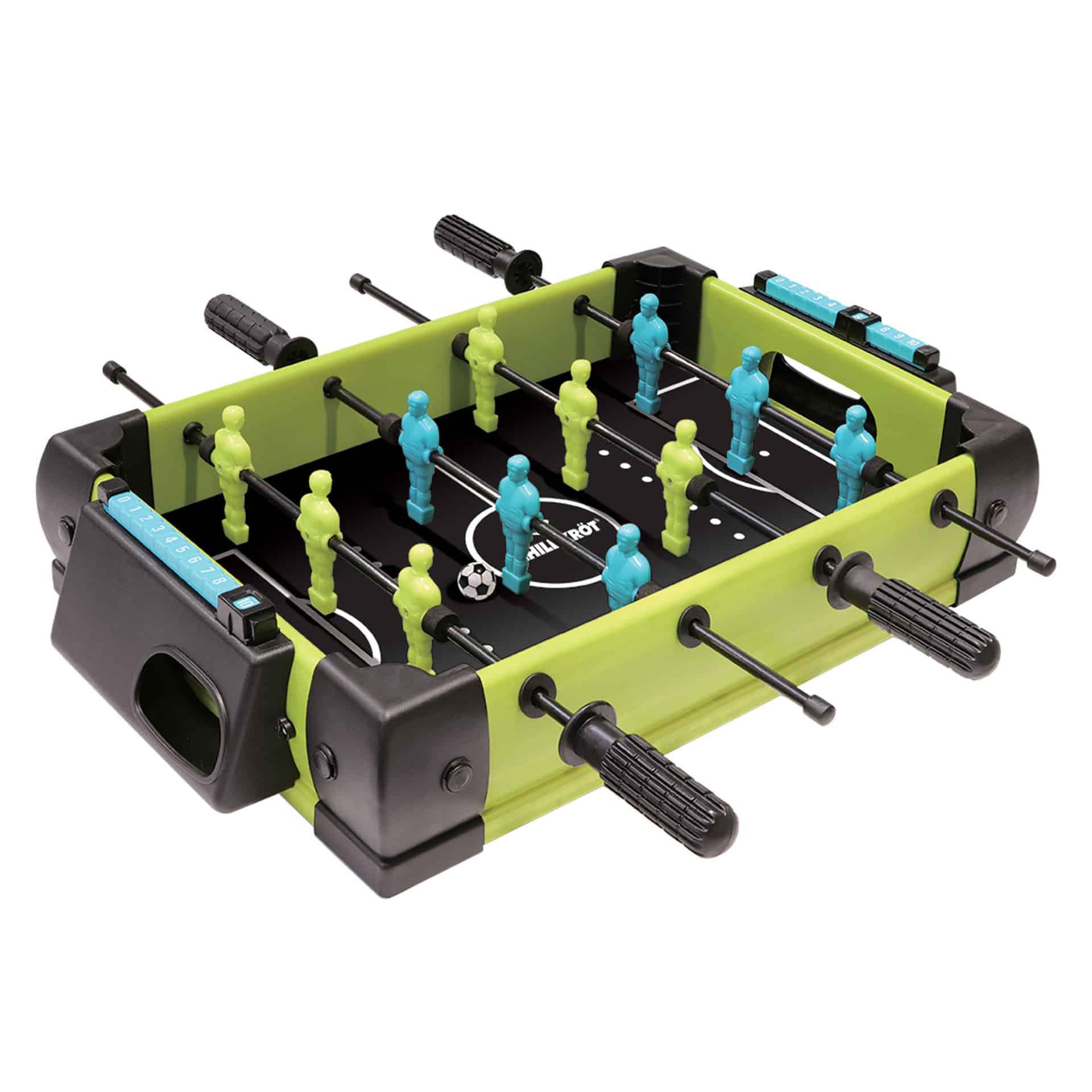 50 - 100 LEI - Masa de fotbal cu teren si 12 jucatori Flippy, 4 manere, cu Tablou Scor, din Metal si ABS, 36.5 x 35.5 x 8 cm, Design Multicolor, pentru copii/adulti, verde