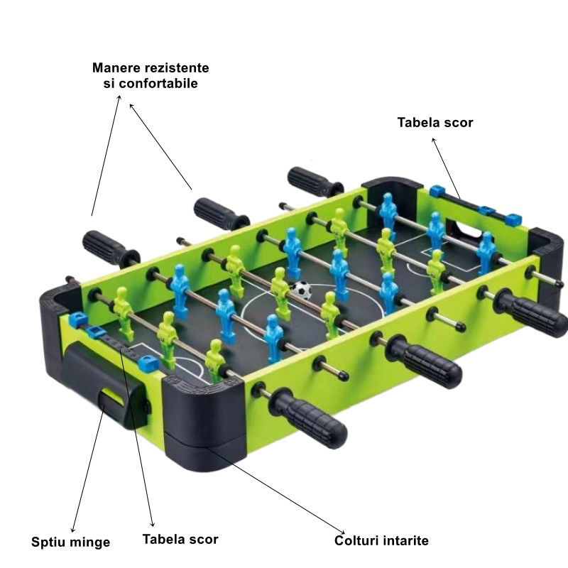 50 - 100 LEI - Masa de fotbal cu teren si 18 jucatori Flippy, 6 manere, cu Tablou Scor, din Metal si ABS, 51 x 44 x 17.5 cm, Design Multicolor, pentru copii/adulti, verde