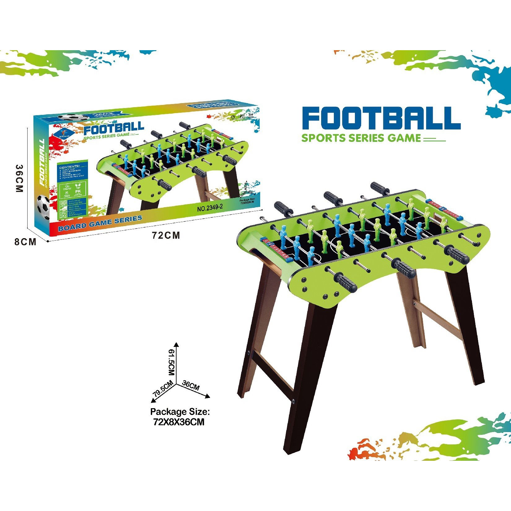 Jocuri de societate - Masa de Fotbal, Flippy, cu Picioare, 6 Manere, Tablou de Scor, 71.3 x 14.6 x 36 cm, din Lemn/Otel/ABS, Verde