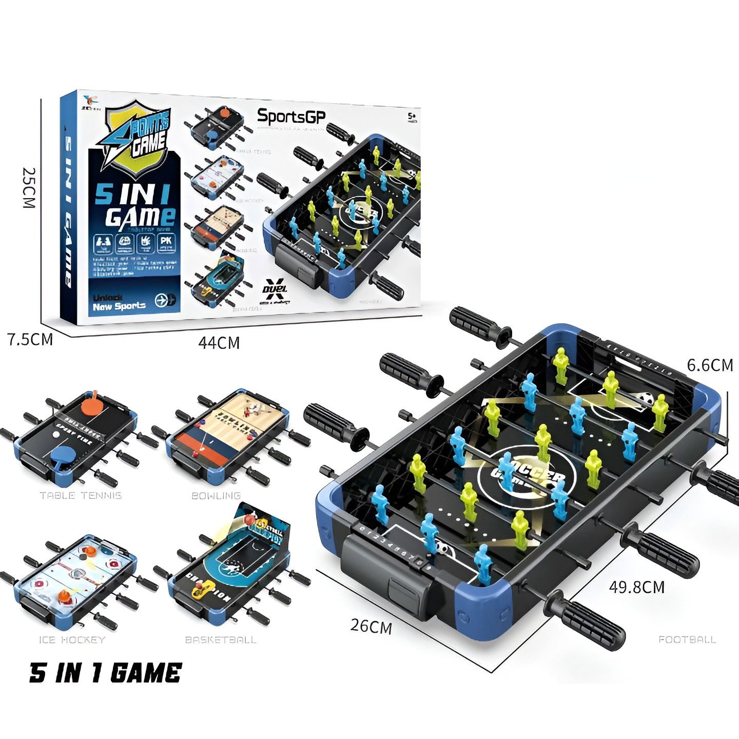 50 - 100 LEI - Masa de Joc 5in1 Flippy, cu Teren Schimbabil de Fotbal, Basket, Bowling, Curling si Hockey, cu Tablou Scor, din ABS, 49.8x26x6.6 cm, Design Multicolor, pentru Copii/ Adulti