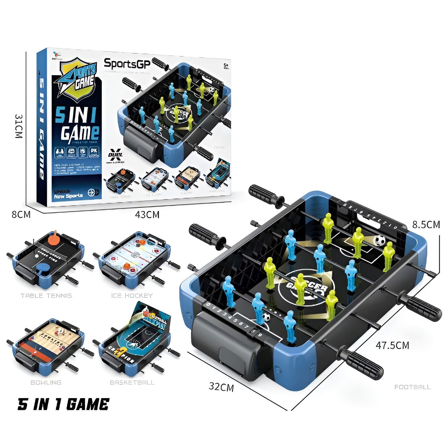 Jocuri de societate - Masa de Joc 5in1 Flippy, cu Teren Schimbabil de Fotbal, Basket, Bowling, Curling si Hockey, cu Tablou Scor, din ABS, 47.5x32x8.5 cm, Design Multicolor, pentru Copii/ Adulti
