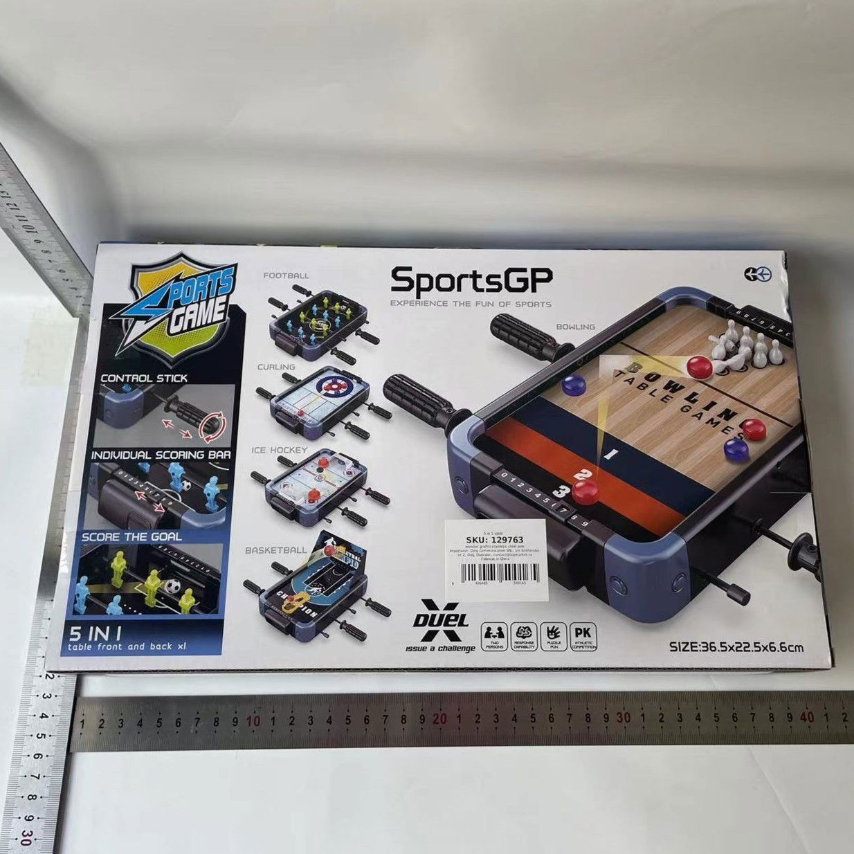 Masa de Joc 5in1 Flippy, cu Teren Schimbabil de Fotbal, Basket, Bowling, Curling si Hockey, cu Tablou Scor, din ABS, 36.5x22.5x6.6 cm, Design Multicolor, pentru Copii/ Adulti [3]