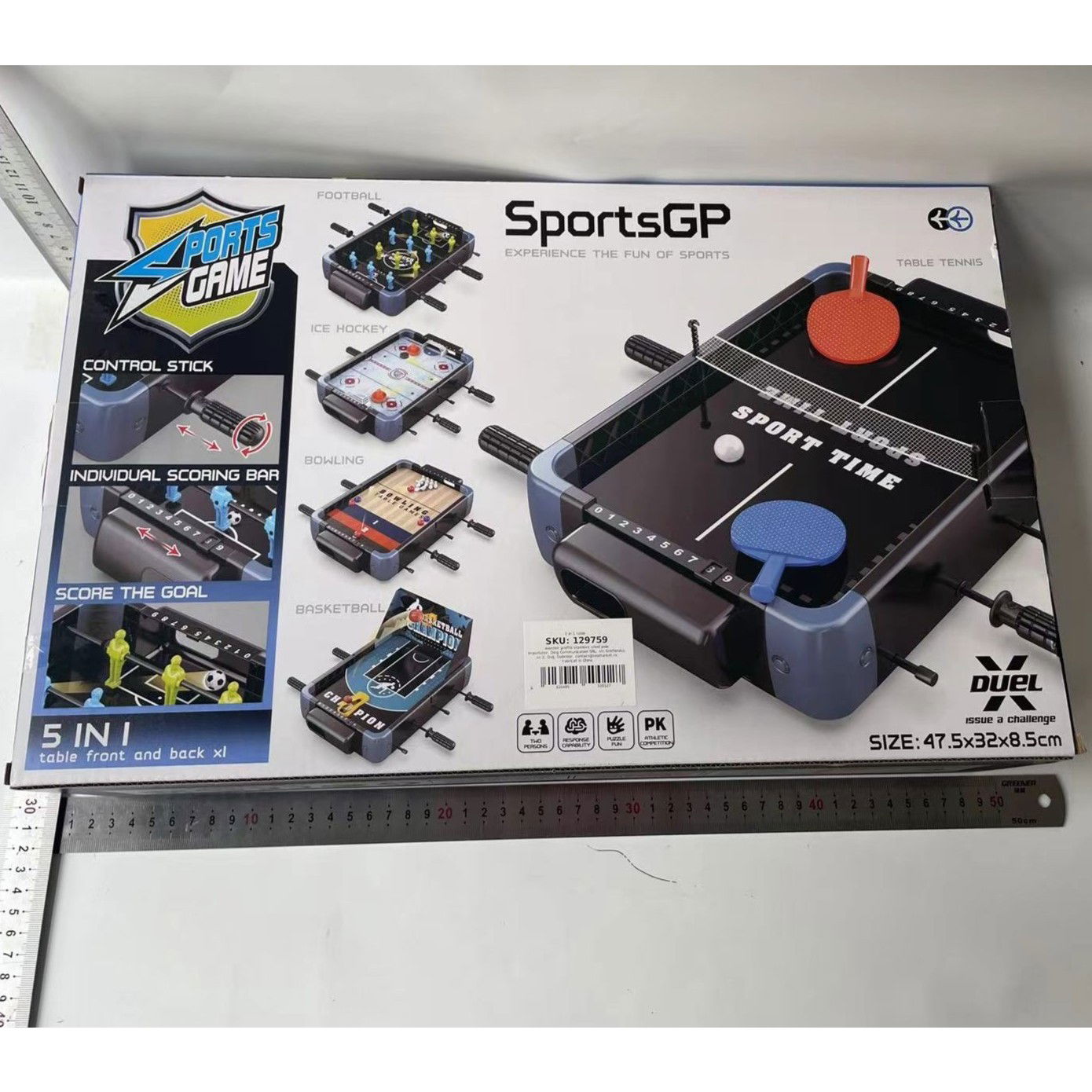 Masa de Joc 5in1 Flippy, cu Teren Schimbabil de Fotbal, Basket, Bowling, Curling si Hockey, cu Tablou Scor, din ABS, 47.5x32x8.5 cm, Design Multicolor, pentru Copii/ Adulti [3]