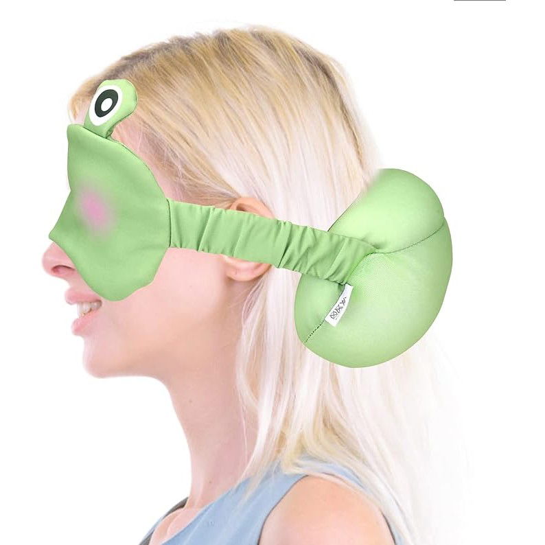 Fitness si sport - Masca de dormit, Flippy, 2 in 1, cu Tetiera, din Particule de Spuma si Bumbac, Model Broasca ,Verde