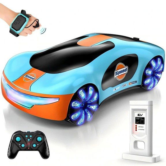 Jucarii si Jocuri - Masinuta Smart, Flippy, cu Telecomanda si Controller prin Gesturi/Wireless, Lumini/Sunet/Abur, Reincarcabila, 24x12,4x7,1 cm, Statie de Incarcare EV, Albastru/Portocaliu