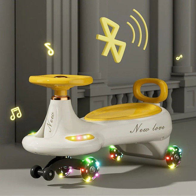 Masinute, Triciclete si Masinute Electrice - Masinuta, Flippy, 1-8 Ani, Rotire 360 Grade, Anti-rasturnare, Roti Silentioase, Impingere, Bluetooth, 66 x 32 x 37 cm, Galben