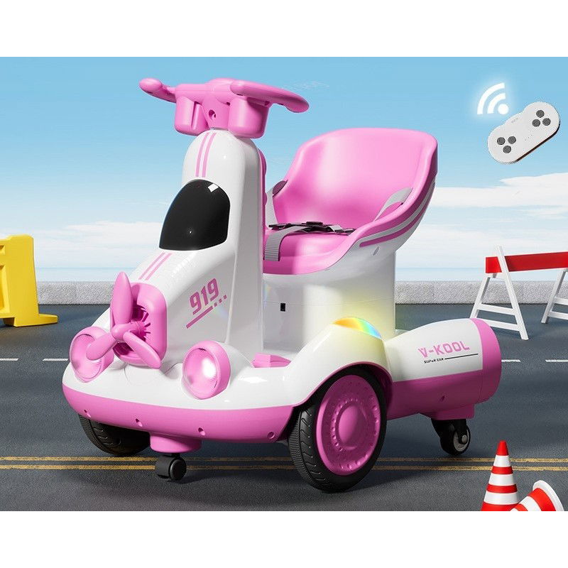 Masinute, Triciclete si Masinute Electrice - Masinuta Electrica, Flippy, pe 4 Roti, cu Telecomanda, Lumini Led si Muzica, +2 ani, Inaltime Reglabila, Roz