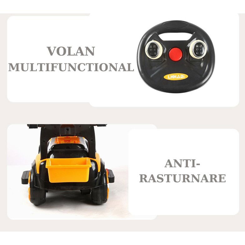 Masinute, Triciclete si Masinute Electrice - Masinuta Electrica Flippy, Tip Excavator, Brat Electric cu Maneta de Control, Spatar si Bare Laterale, Sistem Muzica si Lumini, 2-7 Ani, 72 x 34 x 45 cm, Portocaliu