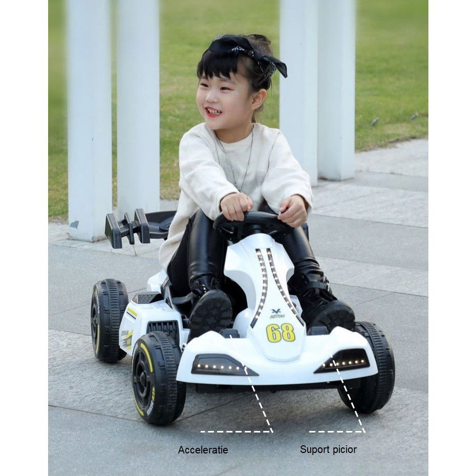 Masinuta Electrica Flippy, Tip Kart, cu Telecomanda, Dimensiune Reglabila, 2 Viteze, Sistem de Lumini si Sunet, Pentru Copii intre 1.2 - 1.6 Inaltime, 105 x 55 x 50 cm, Alb [3]