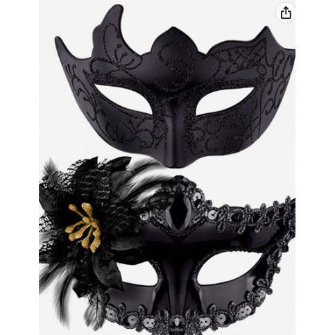 Costume si Deghizare - Set 2 Masti de Cuplu, Flippy, pentru Carnaval, Bal Mascat, Marime Universala, Model Floare Laterala si Margele, Model Clasic, Negru texturat