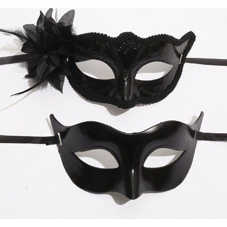 Costume si Deghizare - Set 2 Masti de Cuplu, Flippy, pentru Carnaval, Bal Mascat, Marime Universala, Model Floare Laterala si Margele, Model Clasic Fluture, Negru