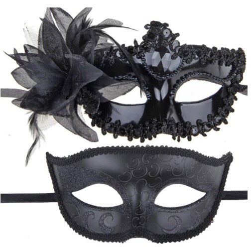 Costume si Deghizare - Set 2 Masti de Cuplu, Flippy, pentru Carnaval, Bal Mascat, Marime Universala, Model Floare Laterala si Margele, Model Clasic, Negru Gri