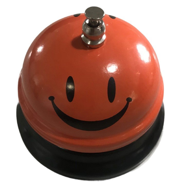 Pentru casa - Clopotel Metalic Multifunctional, Flippy, Portocaliu cu Imprimeu Smiley Face, 7.5x7.5x6.5 cm, Receptie, Restaurant, Cafenele
