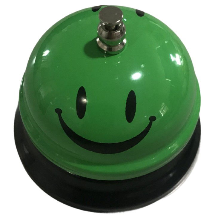 Pentru casa - Clopotel Metalic Multifunctional, Flippy, Verde cu Imprimeu Smiley Face, 7.5x7.5x6.5 cm, Receptie, Restaurant, Cafenele