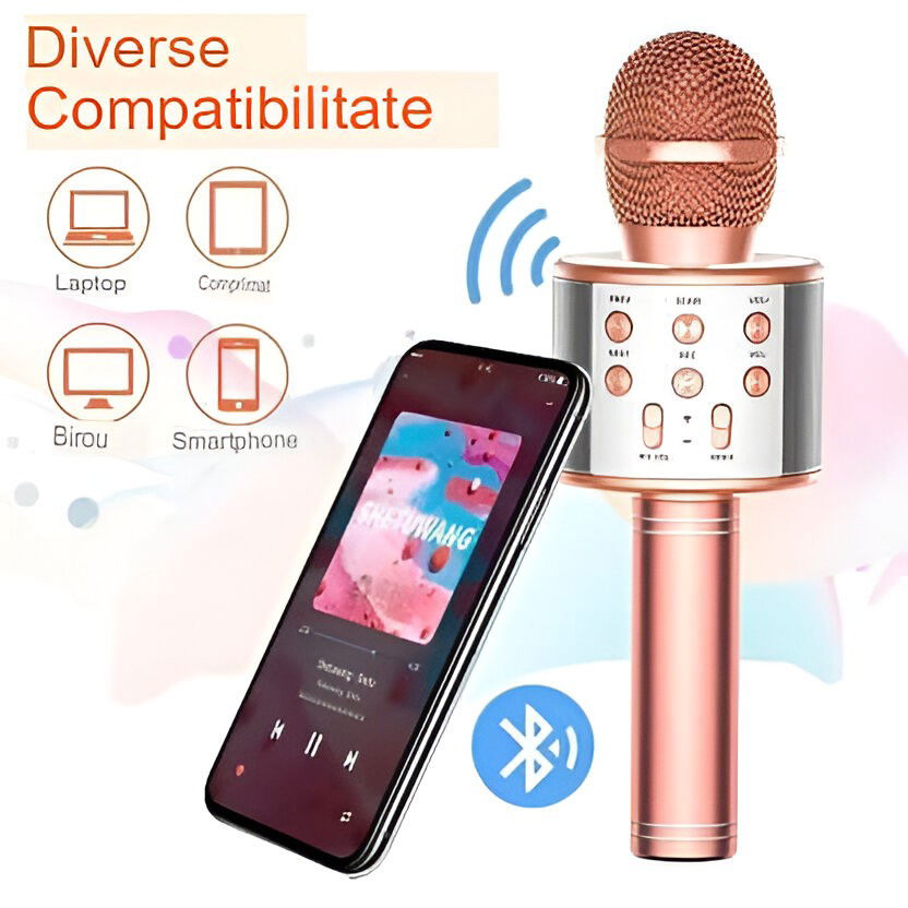 Microfon Karaoke, Flippy, pentru Copii, Bluetooth, Boxa Incorporata, Compatibil cu Orice Smartphone, Acumulator Integrat, Multifunctional, Rose Gold [5]
