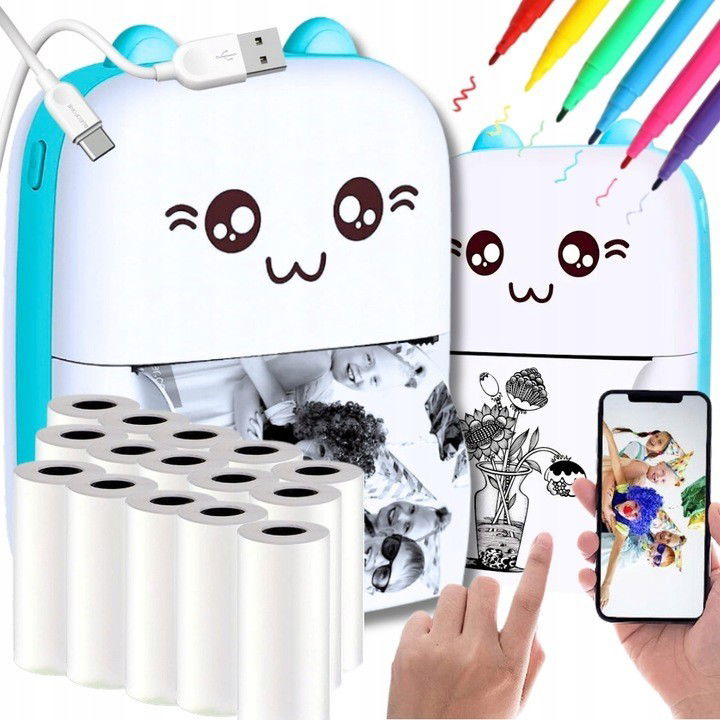 Mini Imprimanta Foto Portabila, Flippy, Incarcare USB, Bluetooth, Model Ursulet, 12 x 9 x 5 cm, Alb Albastru [6]