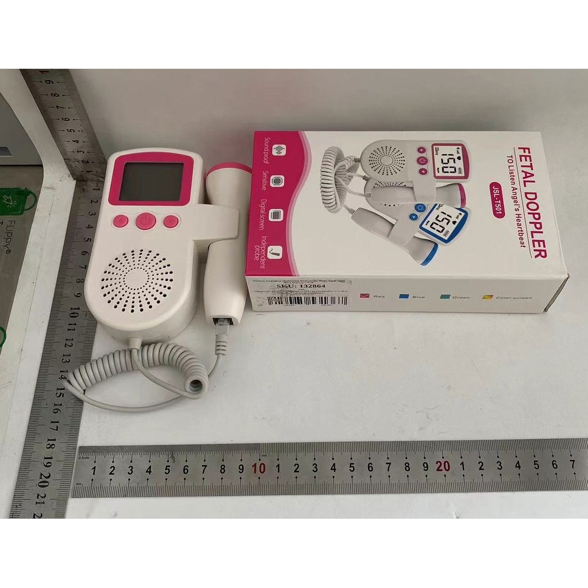 Articole pentru copii - Monitor Fetal Doppler, Flippy, Monitorizare Sarcina, Ritm Cardiac, Ecran LCD 4.5 cm, 2 x Baterii AA (neincluse), Portabil, din ABS, 12.8 x 9.6 x 3 cm, Utilizare de la 9 Saptamani, Roz