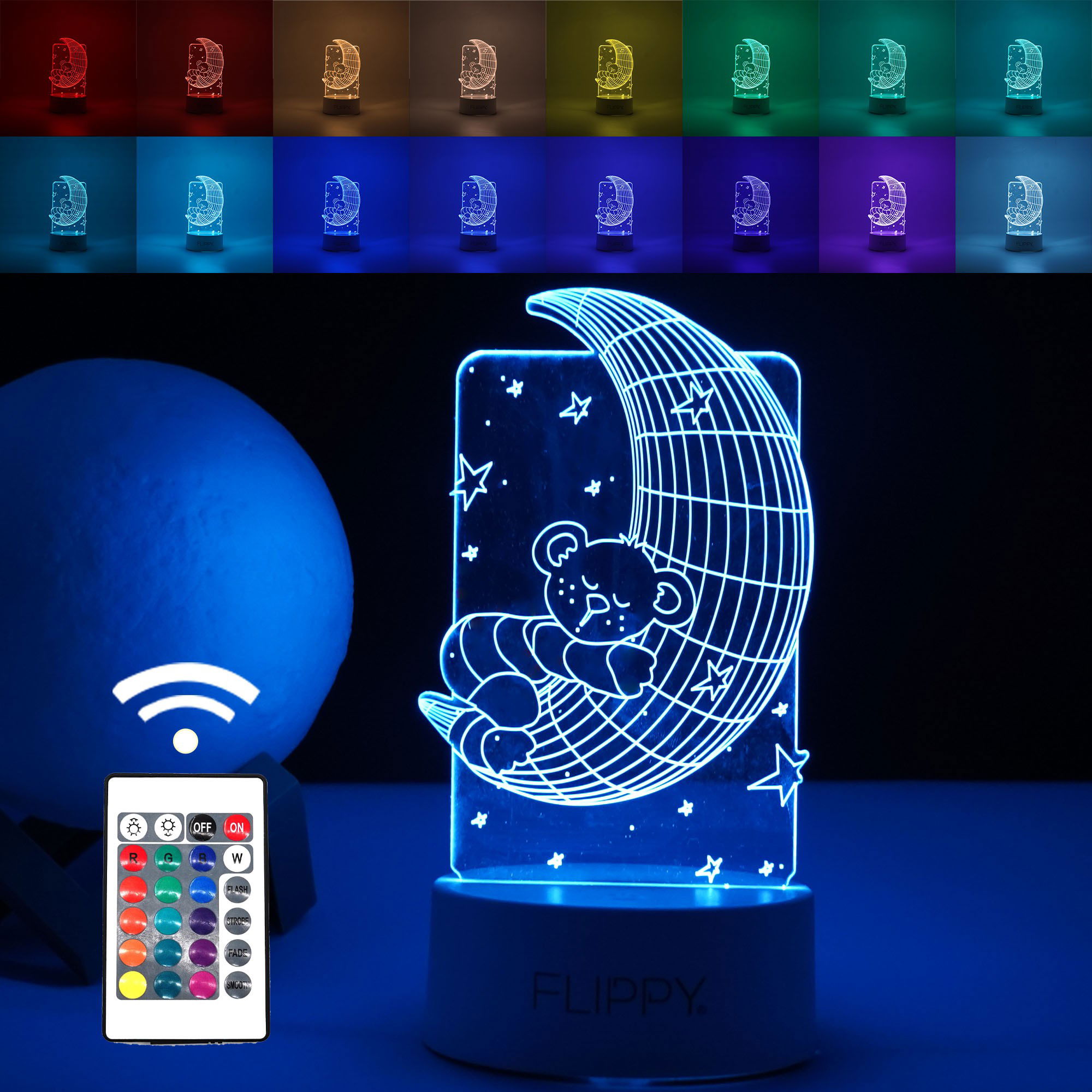 Lampi de veghe - Lampa LED decorativa, Flippy, 3D, Ursulet si Semiluna, cu telecomanda, doua moduri de alimentare USB si baterii, 20 cm inaltime, din material acril si lumina multicolora, alb