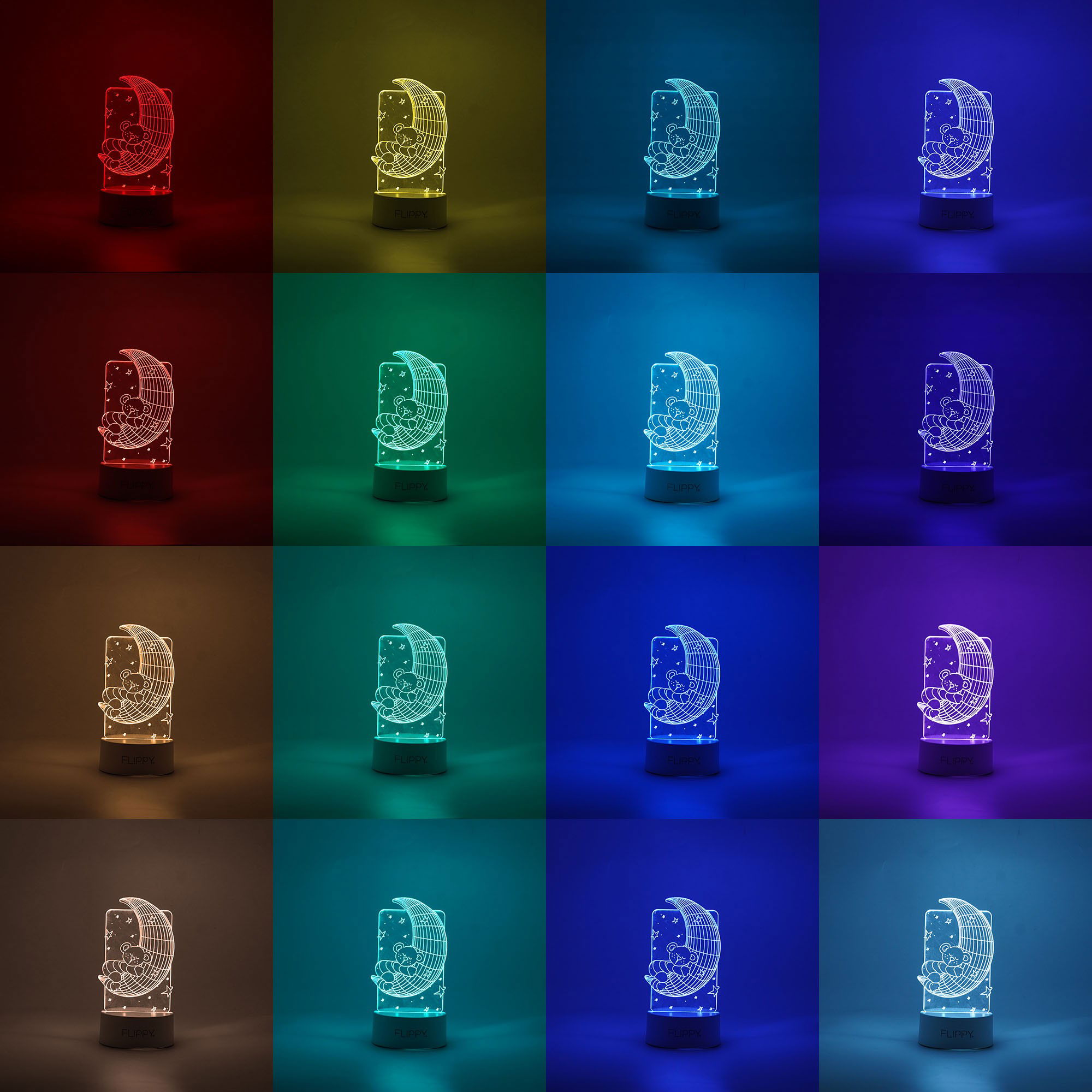 Lampi de veghe - Lampa LED decorativa, Flippy, 3D, Ursulet si Semiluna, cu telecomanda, doua moduri de alimentare USB si baterii, 20 cm inaltime, din material acril si lumina multicolora, alb