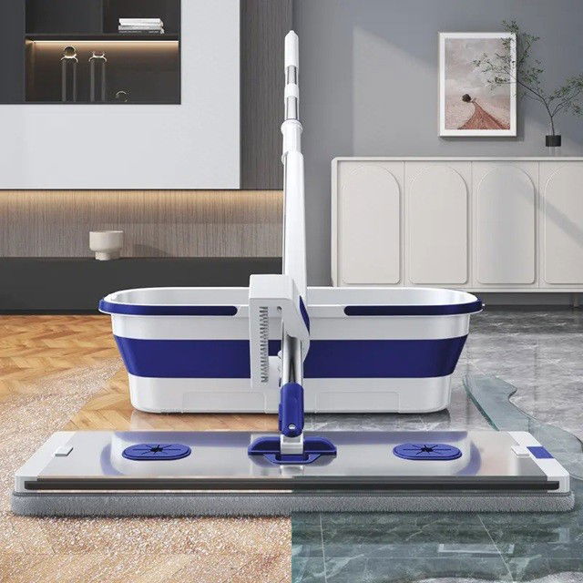Pentru casa - Mop Plat, Flippy, cu Galeata Pliabila, 2 Rezerve din Microfibra, 127 cm Tija Telescopica, Utilizare Umeda/Uscata, Recipient Lichid, Albastru