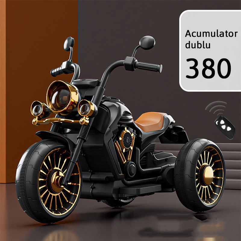 Masinute, Triciclete si Masinute Electrice - Tricicleta Electrica pentru Copii, Flippy, cu 2 Acumulatoare 380*2, 6V 4.5, Sistem Anti-Rasturnare, Sistem de Lumini si Sunet, 6-8 Ani, 93 x 48 x 63 cm, Negru