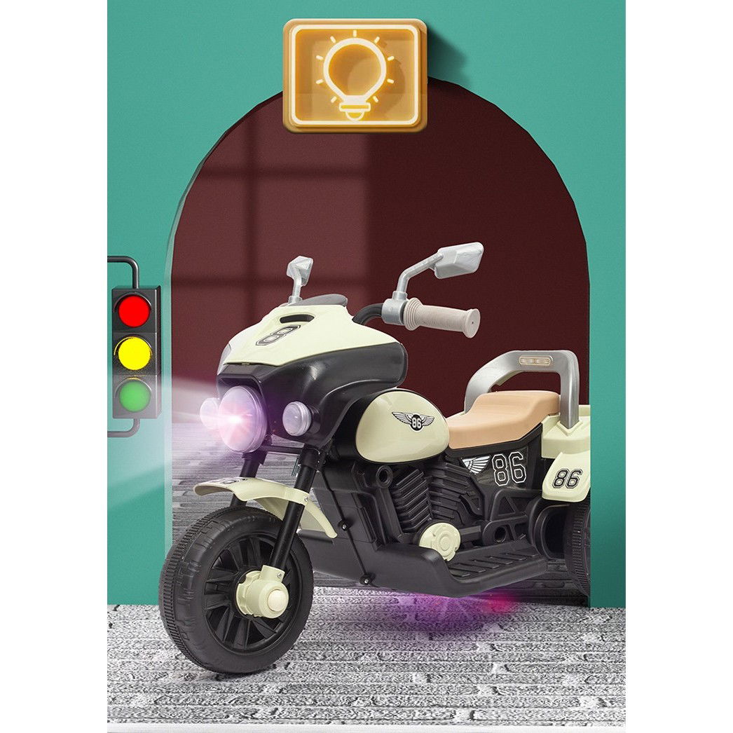 Motocicleta Electrica Flippy, cu Acumulator, cu Sistem Anti-Rasturnare, Sistem de Lumini si Muzica, Cutie de Depozitare, 1-8 Ani, 93 x 43 x 58 cm, Alb - Bej [7]