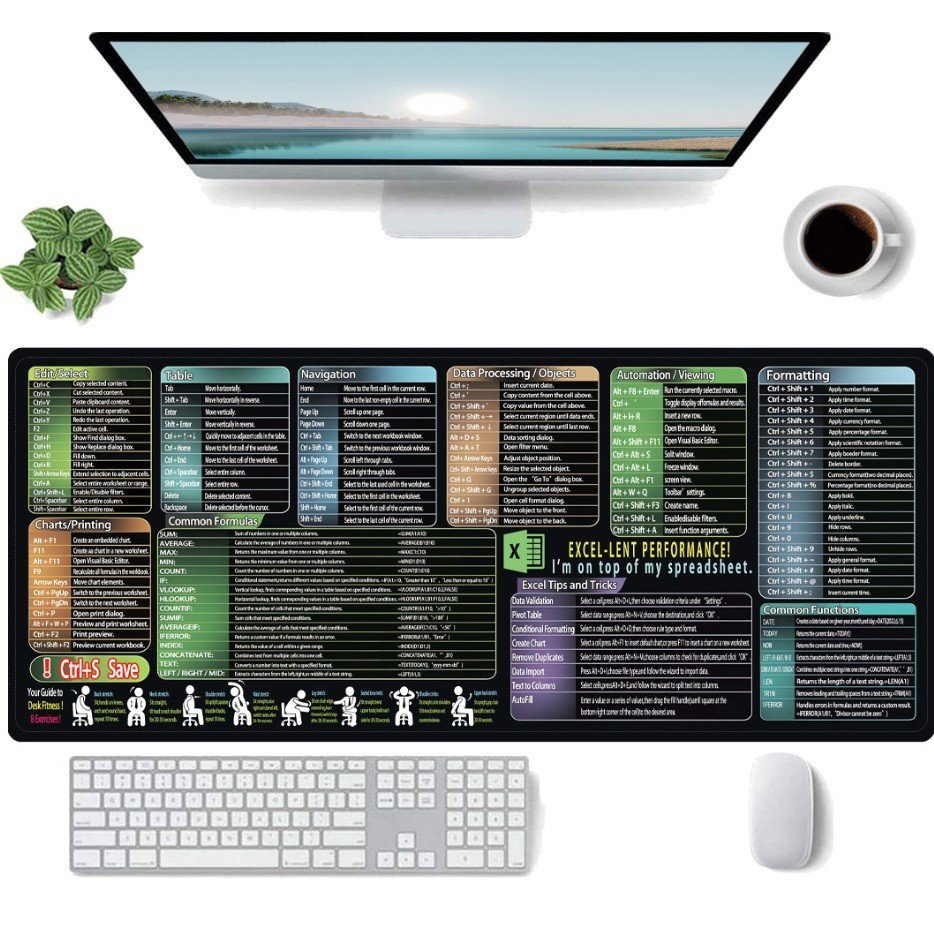 TeoMarket - Mousepad cu Suport Tastatura, Flippy, Covoras pentru Masa de Birou cu Formule si Scurtaturi pentru Excel, Rezistent la Zgirieturi si Antiderapant 90 x 40 cm, Model 1 Negru