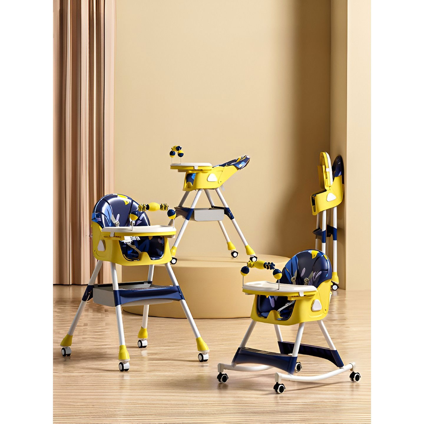 Scaun de Masa pe Roti pentru Copii, Flippy, 2 Tavite si Husa Detasabile, Multifuncțional, Stabil, Centura de Siguranta, Spatar Reglabil Moale, Balansoar, Cos de Depozitare, de la 6 Luni, Galben [3]