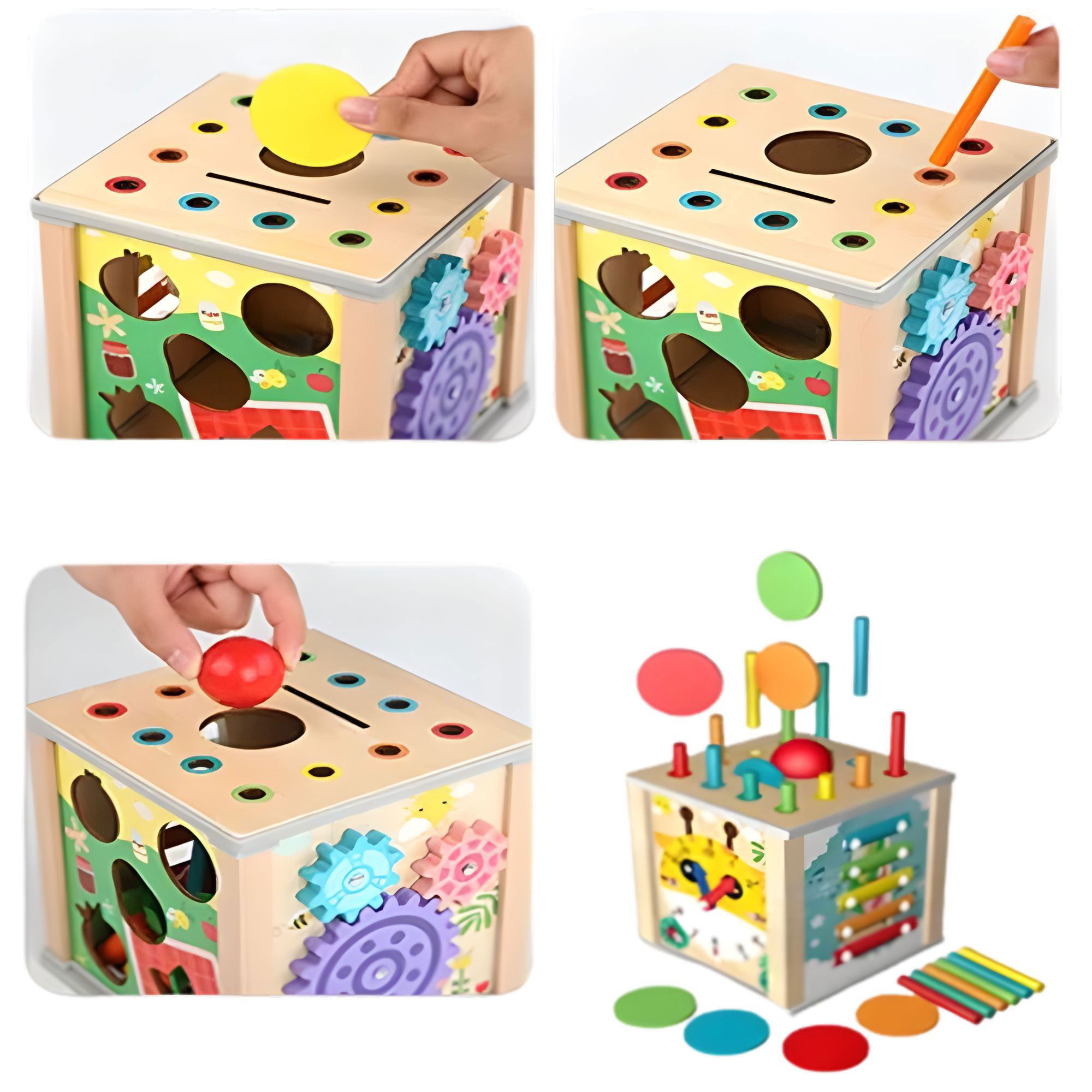 Cub Educativ Montessori din Lemn, Flippy, Multifunctional, Sortare Forme si Culori, Activitati Educative, Multicolor, Jucarie Interactiva [5]