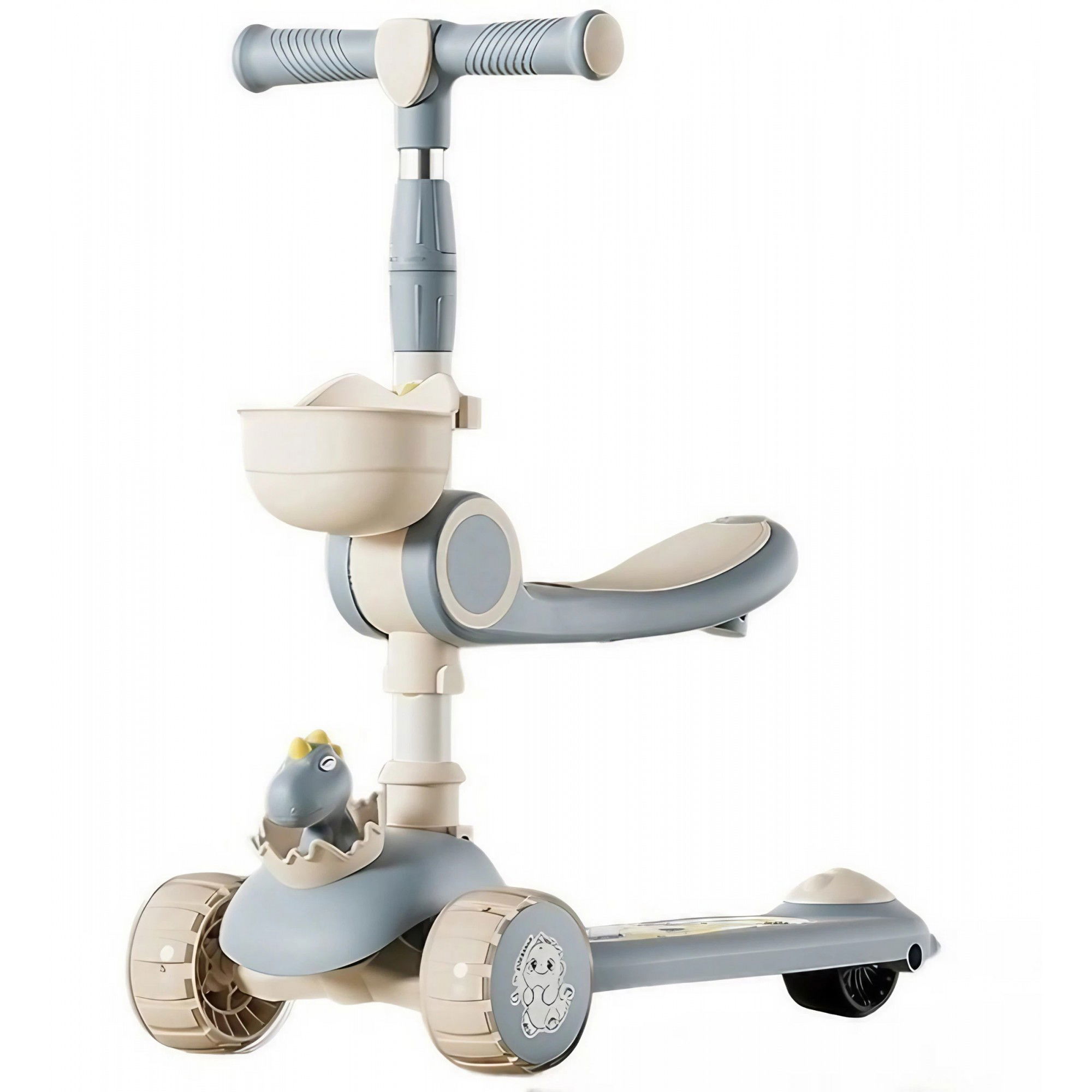 Jucarii - Trotineta Multifunctionala 3 in 1, Flippy, pentru Copii, 1-7 Ani, cu Lumini si Muzica, Reglabil 360, Pliere Usoara, Reglarea Inaltimii, Model Dinozaur, Bej/Albastru