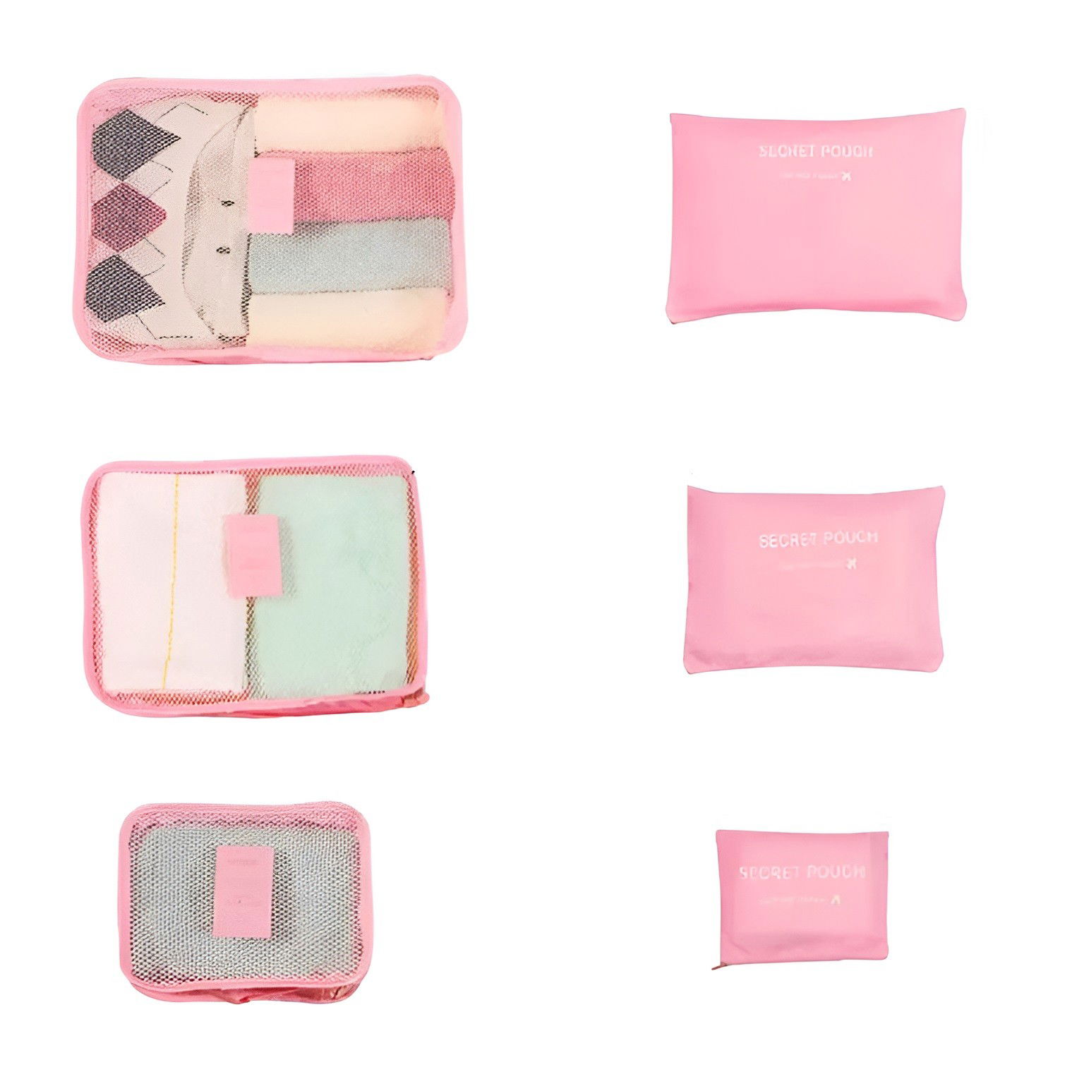 Pentru casa - Set 6 Genți de Calatorie, Flippy, pentru Depozitare, Impermeabile, Organizator, Multifuncționale, Design cu Plasa, Pliabile, Fermoar, Dimensiuni Diferite, Roz