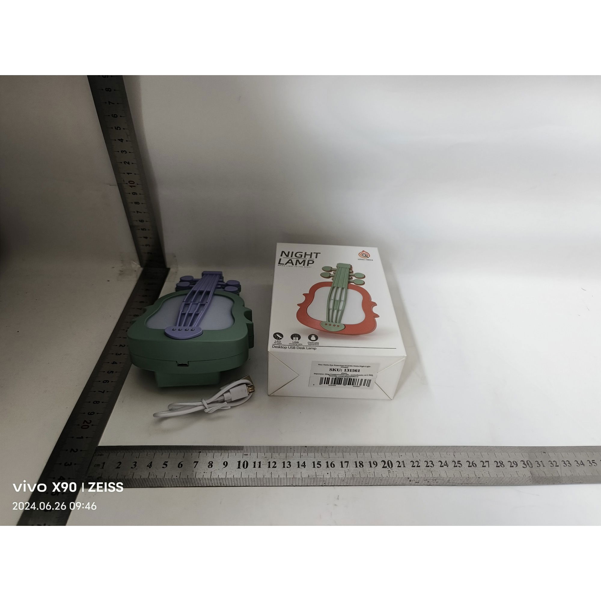 Lampi de veghe - Lampa de Veghe, Flippy, cu Protectie pentru Ochi, Model Violina, Lumina Calda, Incarcare USB, ABS, 14.3x5x9.9 cm, Verde/ Mov