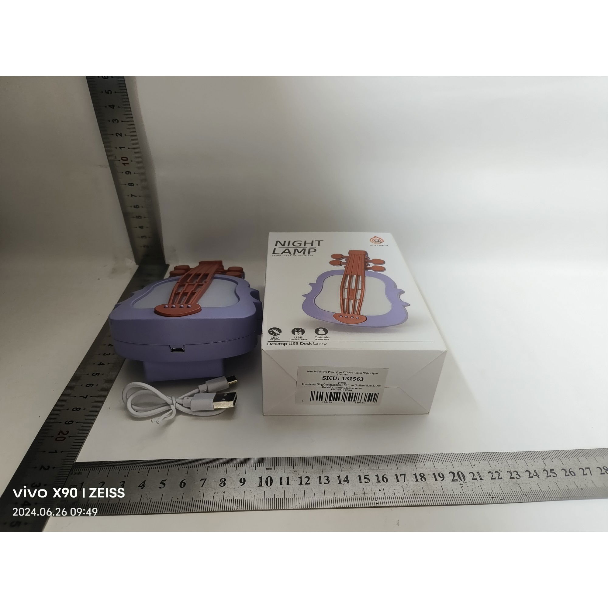 Lampi de veghe - Lampa de Veghe, Flippy, cu Protectie pentru Ochi, Model Violina, Lumina Calda, Incarcare USB, ABS, 14.3x5x9.9 cm, Mov/ Portocaliu