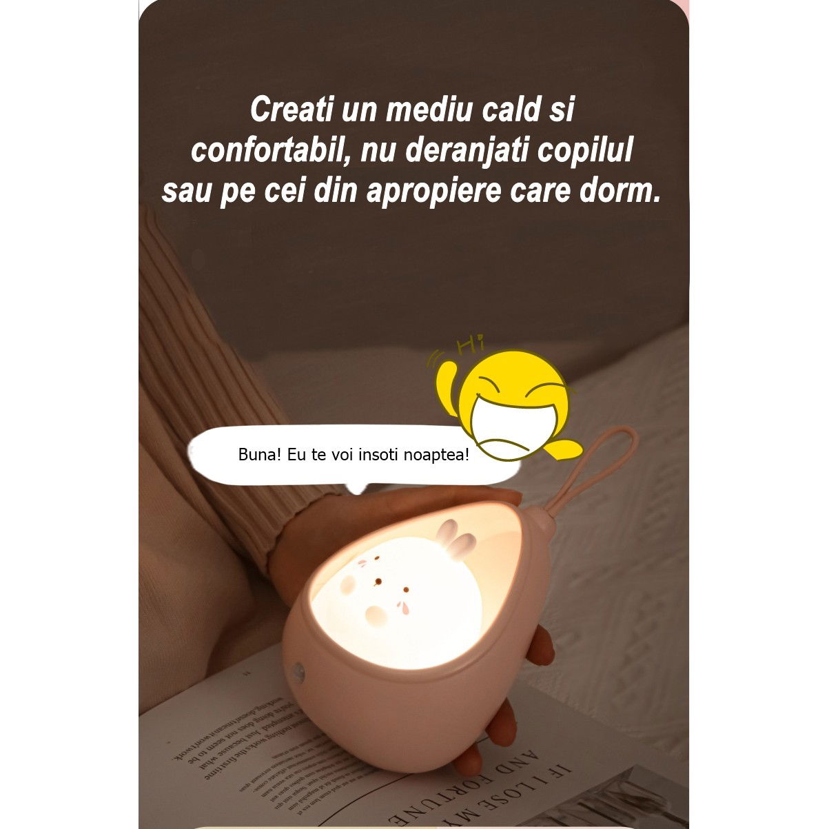 Lampa de veghe portabila cu 2 moduri de functionare Flippy, silicon non-toxic, reincarcabila USB, senzor miscare, alb, iepuras [6]