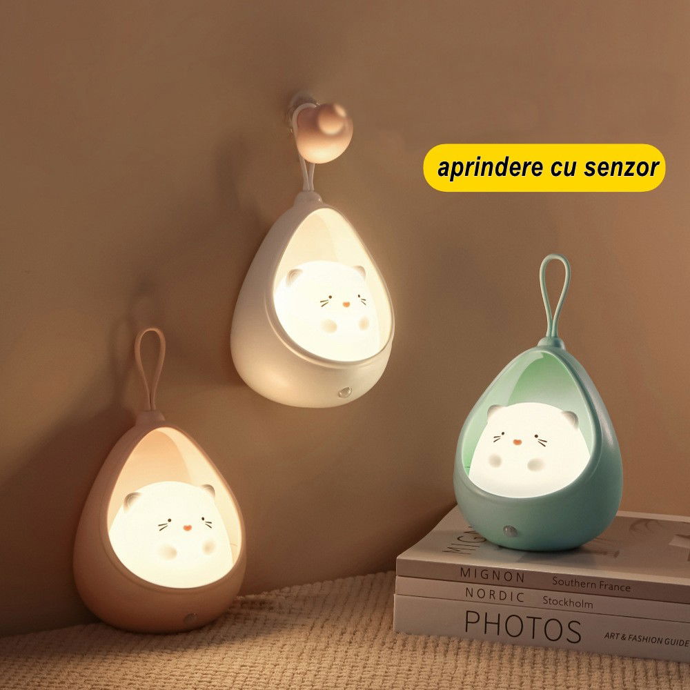50 - 100 LEI - Lampa de veghe portabila cu 2 moduri de functionare Flippy, silicon non-toxic, reincarcabila USB, senzor miscare, alb, iepuras
