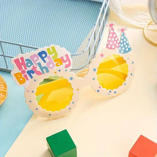 Petrecere - Ochelari Decorativi, Flippy, pentru Petrecere, din ABS, Unisex, Model Happy Birthday, 13.5 x 8.5 cm, Bej cu Lentile Galbene