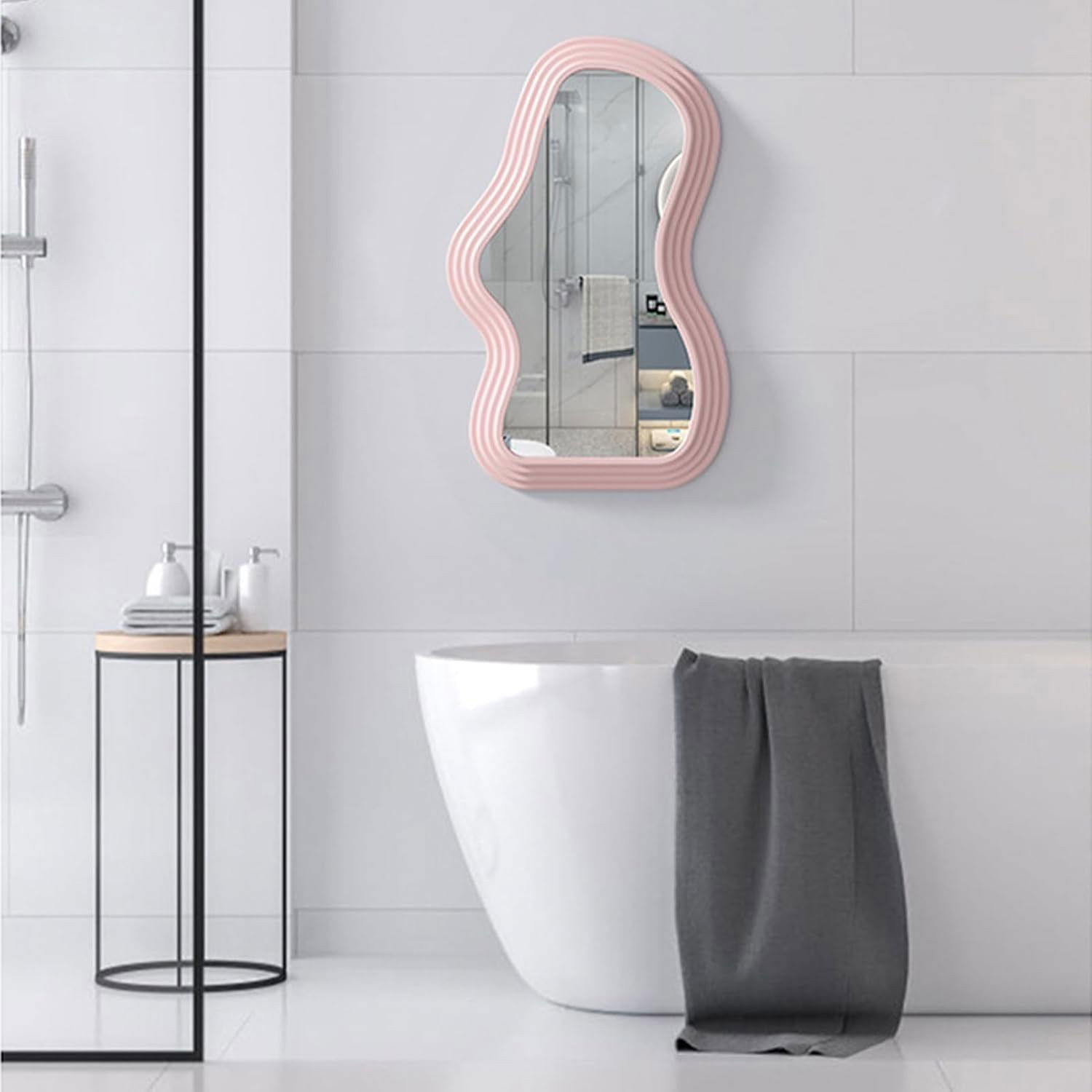 Oglinda de Perete, Flippy, Decorativa, pentru Baie, Dormitor, Sufragerie, Model Minimalist, Forma Asimetrica, 40.3x26 cm, Roz [8]