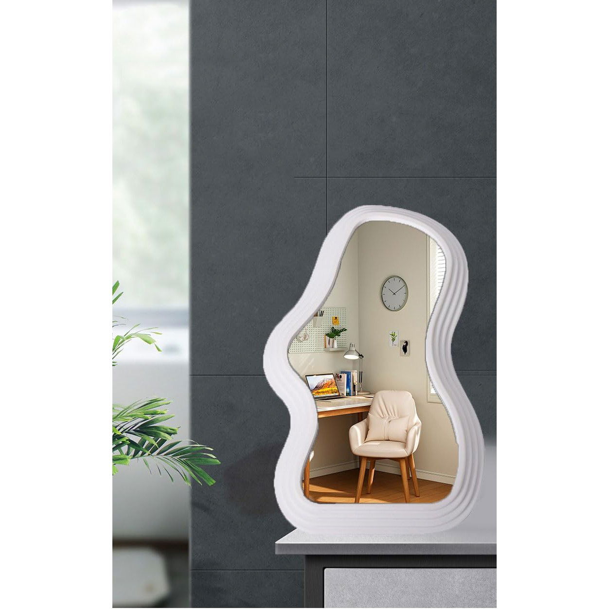 Oglinda de Perete, Flippy, Decorativa, pentru Baie, Dormitor, Sufragerie, Model Minimalist, Forma Asimetrica, 40.3x26 cm, Alb [8]