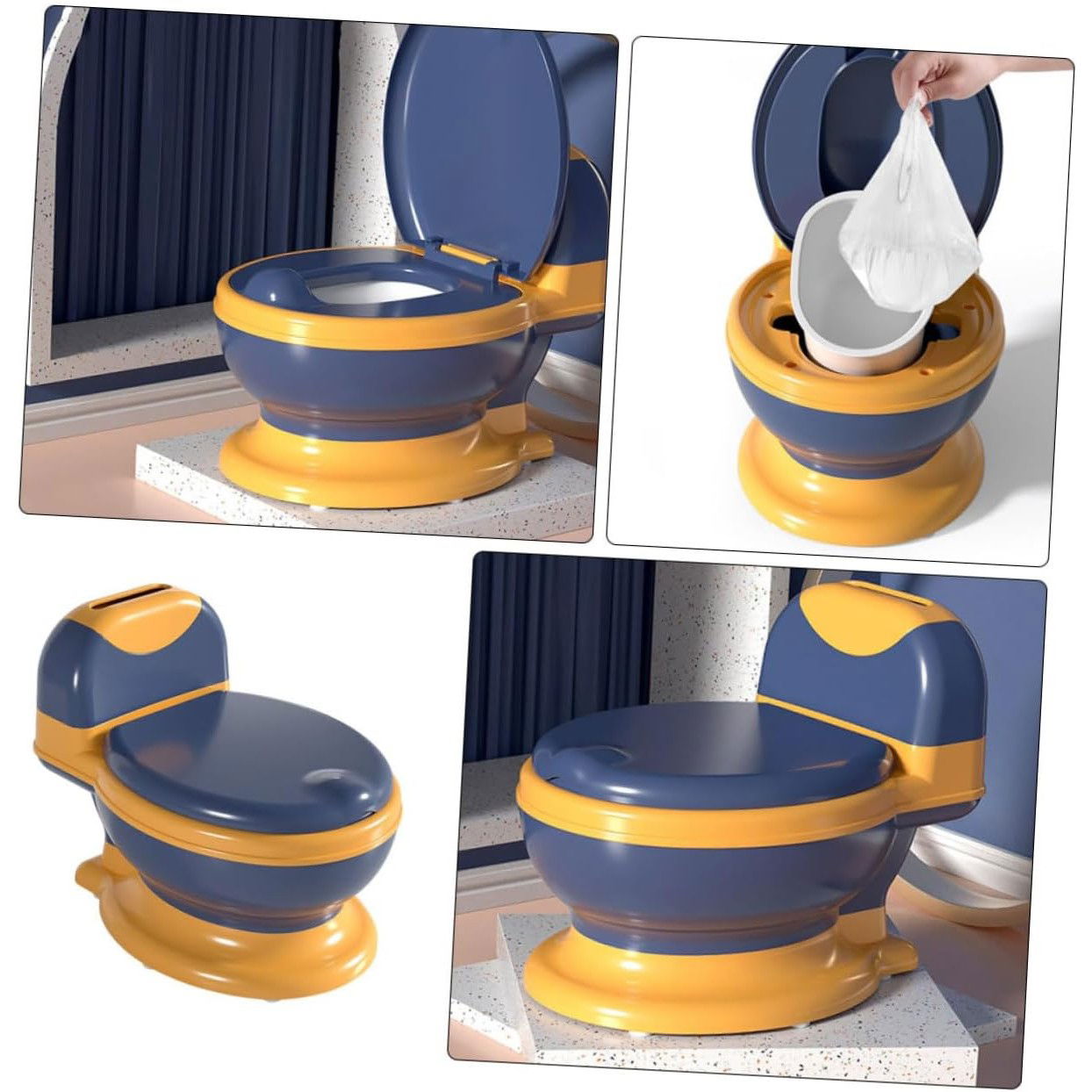 Olita Bebelusi, Flippy, pentru Copii 1 - 8 Ani, Model Toaleta Adulti, Colac Moale PVC, Compartiment Detasabil, Cutie Depozitare Hartie, 34 x 32 x 19 cm, Albastru/Portocaliu [3]