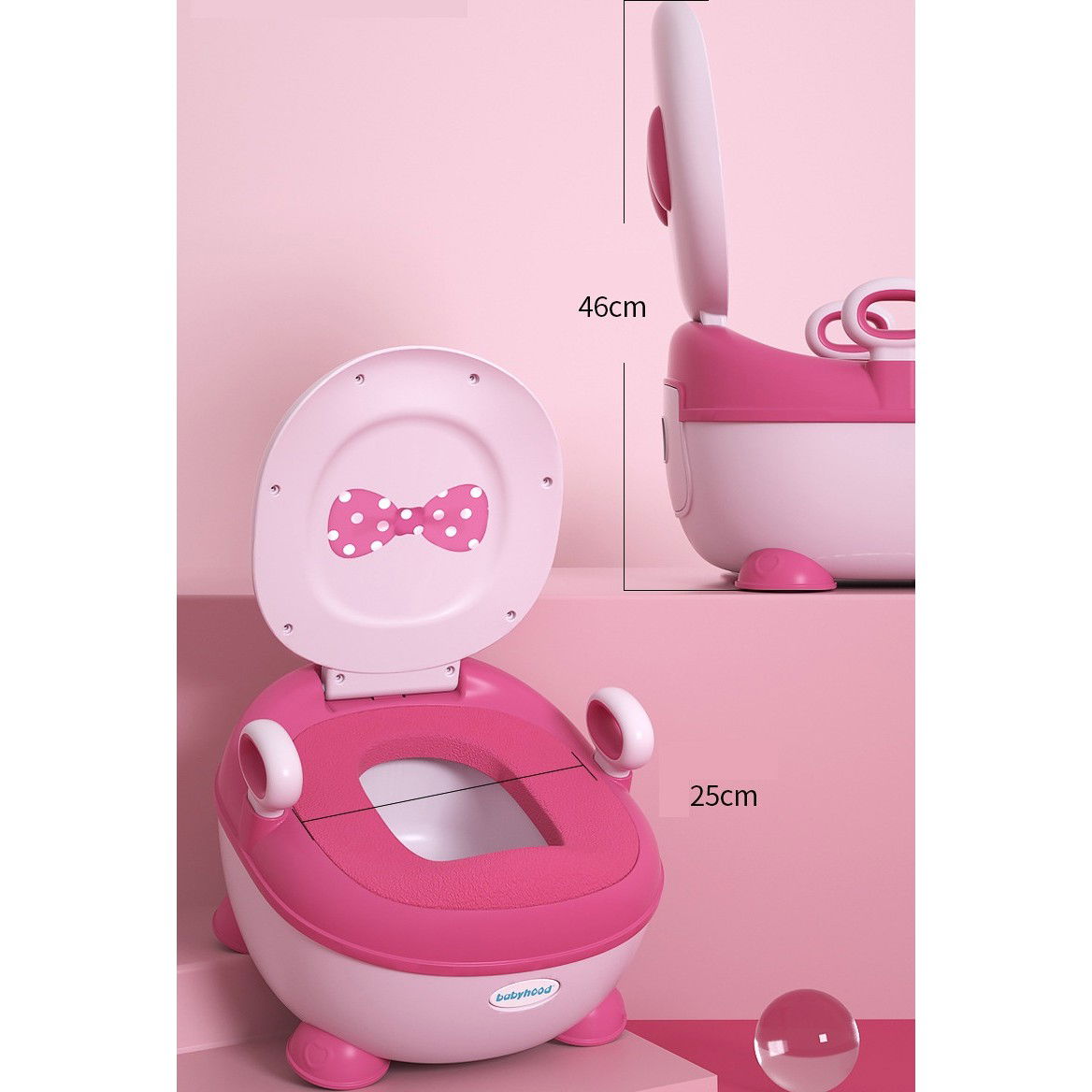 Olita pentru Copii, Flippy, +1an, Portabila, Design cu Fundita, cu Capac, Model Prietenos, Non-Toxic, Compartiment Detasabil, cu Manere, cu 4 Picioare, Usor de Curatat, 46*33*32 cm, Roz [5]