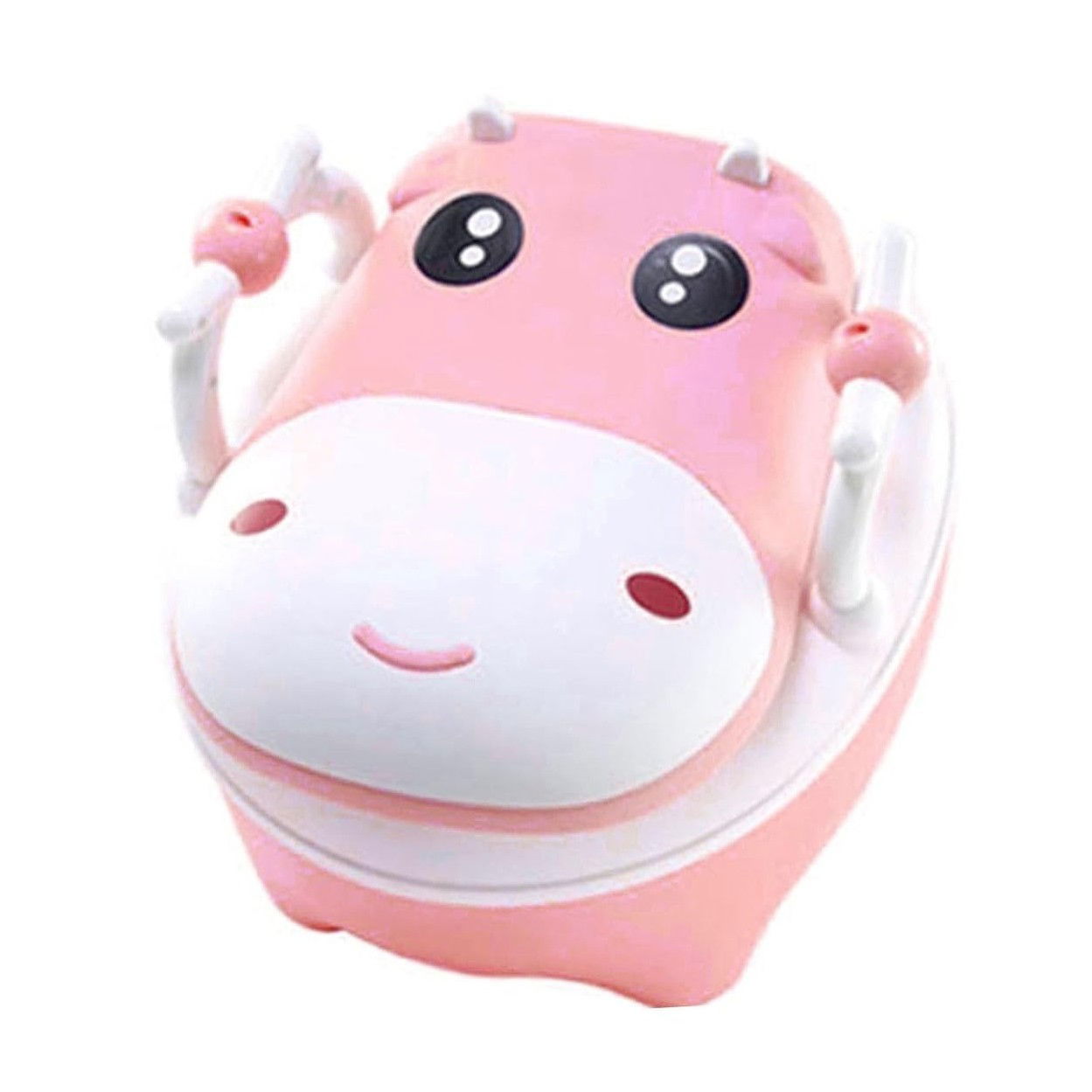 Articole pentru baie - Olita pentru Copii, Flippy, +1an, Portabila, Design Vacuta cu Capac, Model Prietenos, Non-Toxic, cu Manere, Compartiment Detasabil, Perie Inclusa, Usor de Curatat, Roz